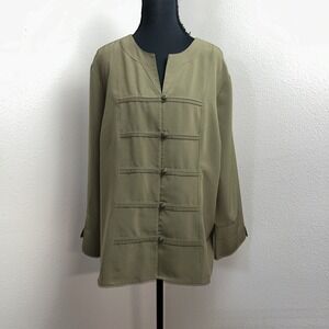 Covington Blouse Women's XL‎ Green Asian Inspired Button Front 3/4 Sleeve Artsy